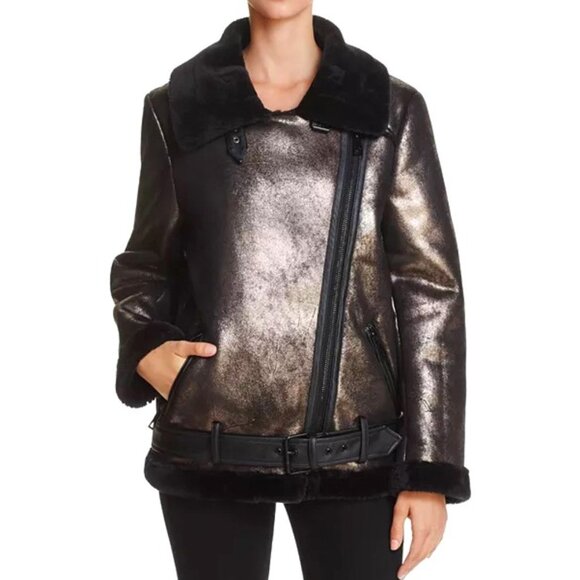 💥HOT ITEM💥Bloomingdale's Oversized Metallic Shearling Borg Aviator Jacket